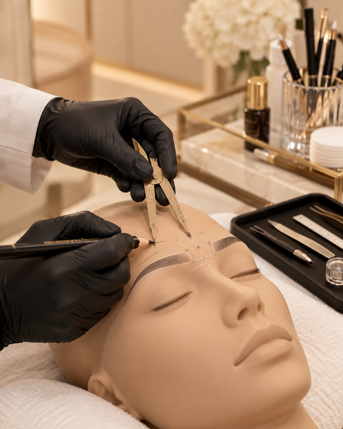 Mapeo de cejas con compás áureo sobre un maniquí de silicona