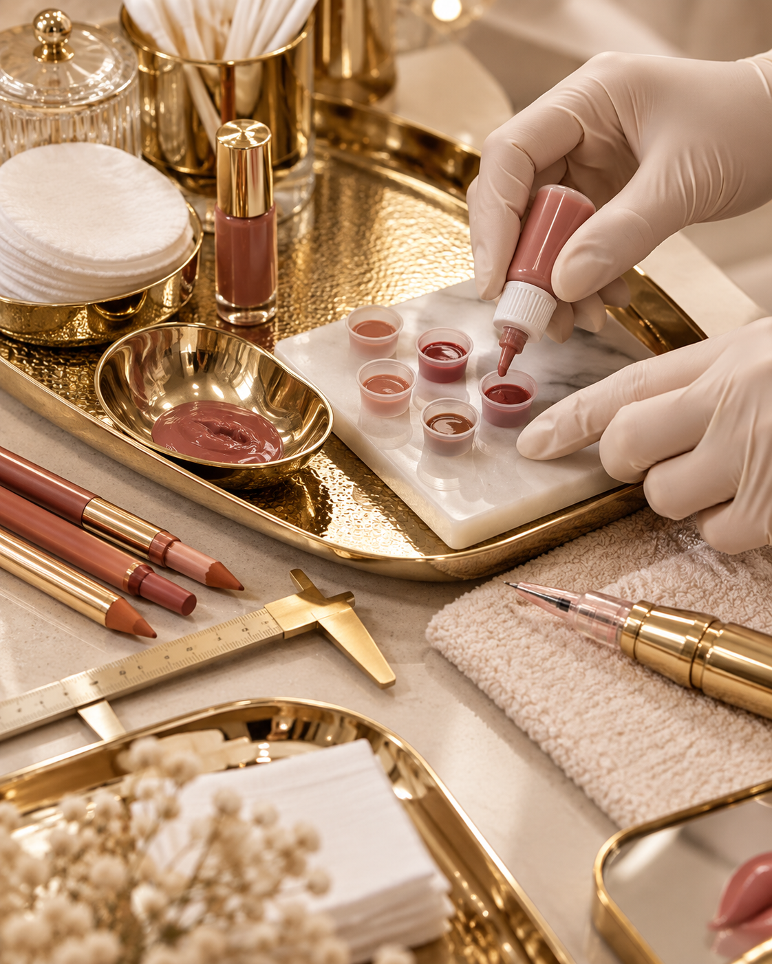 Mesa de trabajo con pigmentos y herramientas de lip blush